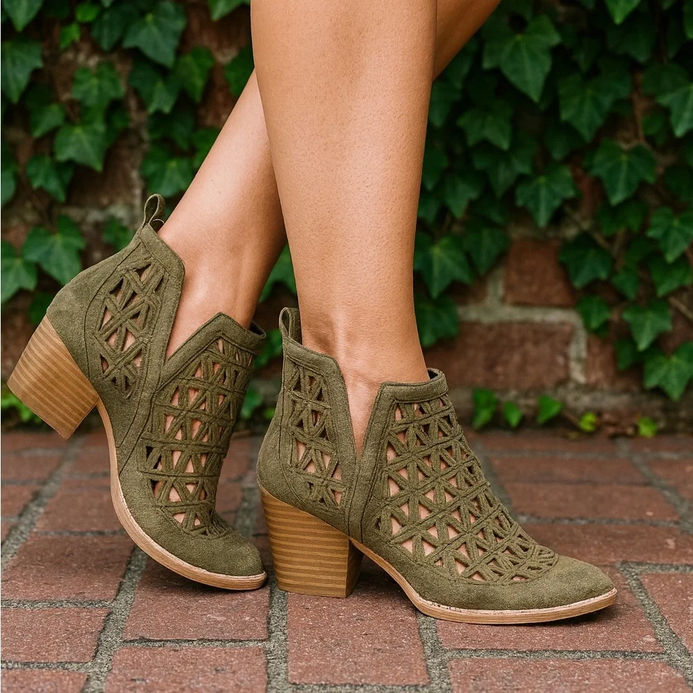JEFFREY CAMPBELL Coastal Cowgirl Western Sagat Laser Cut Olive Suede Boots, 8.5